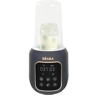 5-in-1 Beaba Multi Milk Baby Bottle & Food Warmer in Midnight, featuring a digital display and a bottle inside.