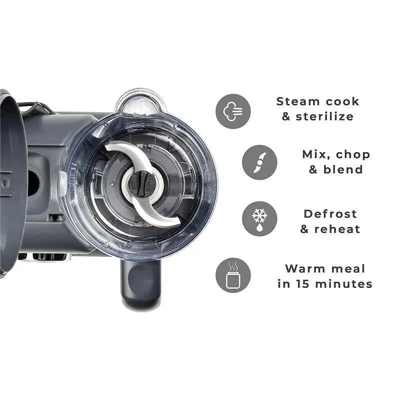 Beaba Babycook Solo 4 in 1 Baby Food Maker in Cloud, featuring a blending blade and icons indicating steam cooking, mixing, defrosting, and warming.