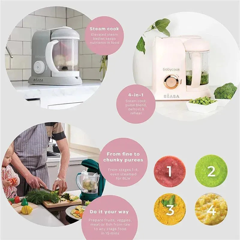 Beaba Babycook Solo 4 in 1 Baby Food Maker in Cloud color, featuring steam cooking, blending, and food preparation instructions.