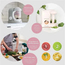 Beaba Babycook Solo 4 in 1 Baby Food Maker in Cloud color, featuring steam cooking, blending, and food preparation instructions.