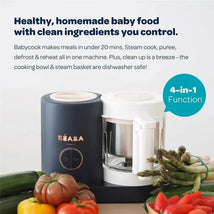 Beaba Babycook Neo Baby Food Maker in eucalyptus color with various fresh vegetables nearby, showcasing its 4-in-1 cooking function.