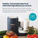 Beaba Babycook Neo Baby Food Maker in eucalyptus color with various fresh vegetables nearby, showcasing its 4-in-1 cooking function.