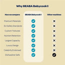 BEABA Babycook Neo comparison chart highlighting its benefits over other baby food makers, including premium materials and nutrient retention.