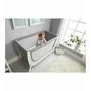Beaba By Shnuggle Air Full Size Crib Conversion Kit in dove grey, featuring a smiling toddler inside.