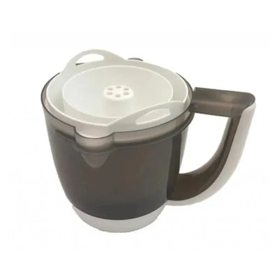 Beaba Rice, Pasta & Grain Insert in gray and white, designed for cooking grains, featuring a handle and perforated lid.