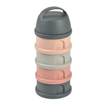 Beaba Formula and Snack Container in rose, featuring four stackable compartments with a gray lid and handle.