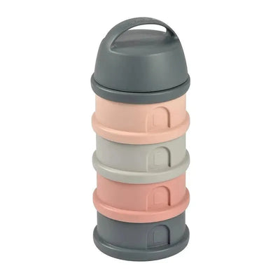 Beaba Formula and Snack Container in rose, featuring four stackable compartments with a gray lid and handle.