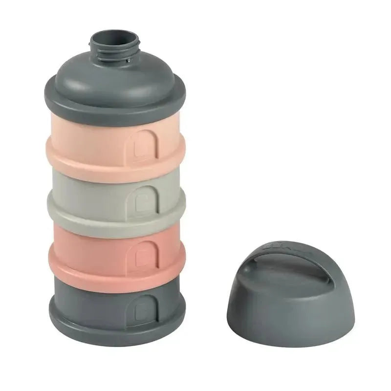 Container designed for storing formula and snacks, featuring stackable compartments in rose and gray colors.