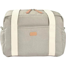 Large gray Beaba - Paris diaper bag with cream straps, featuring a front pocket and zipper closure.
