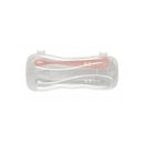 Two silicone spoons in a transparent travel case, featuring cloud and rose colors, designed for baby feeding.