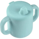 Silicone training cup in light blue with two handles and a spill-proof lid, designed for toddlers.
