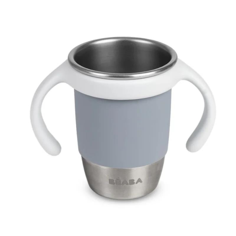 Beaba Stainless Steel 360 Learning Cup in Pebble color, featuring a gray silicone body and white handles.