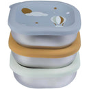 Beaba Stainless Steel Baby Bowls Set in Adventure design, featuring three colorful bowls with lids and playful graphics.