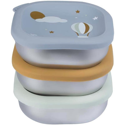 Beaba Stainless Steel Baby Bowls Set in Adventure design, featuring three colorful bowls with lids and playful graphics.