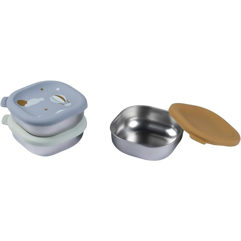 Beaba Stainless Steel Baby Bowls Set featuring colorful silicone lids and an adventure-themed design, including a hot air balloon.