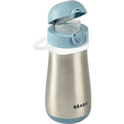 Stainless steel kids water bottle by Béaba, featuring a blue cap, white band, and convenient flip-top lid.