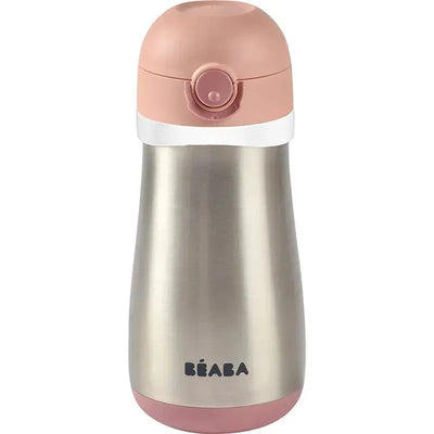 Stainless steel kids water bottle by Béaba in rose, featuring a pink lid and a silver body with a white band.