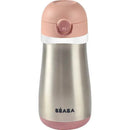 Stainless steel kids water bottle by Béaba in rose, featuring a pink lid and a silver body with a white band.