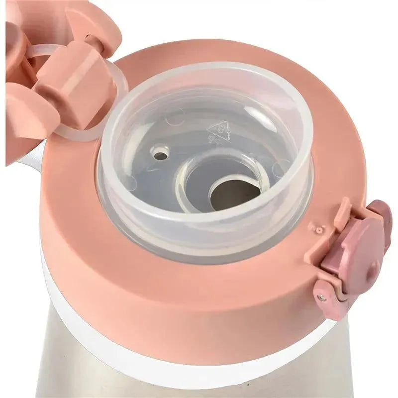Stainless steel kids water bottle in rose with a secure flip-top lid and a silicone straw holder.
