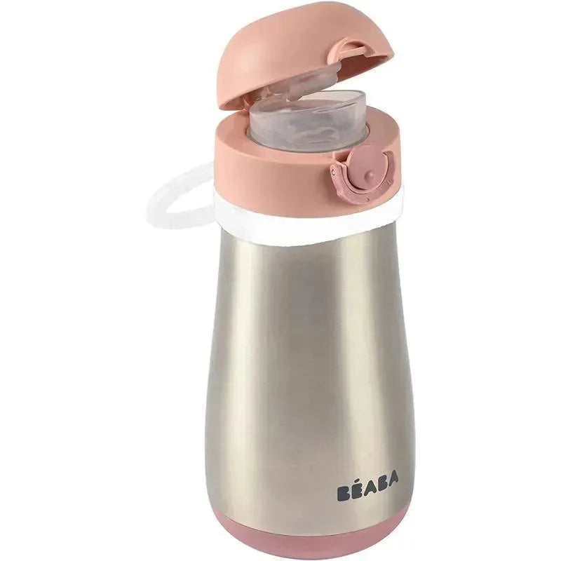 Stainless steel kids water bottle in rose color with a flip-top lid and a silicone strap for easy carrying.