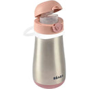 Stainless steel kids water bottle in rose color with a flip-top lid and a silicone strap for easy carrying.