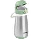 Beaba stainless steel kids water bottle in sage color, featuring a flip-top lid and a sturdy design.