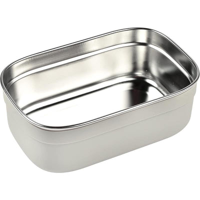 Stainless steel lunch box in sage color, featuring a sleek, rectangular design with a shiny interior.