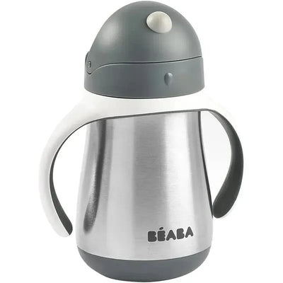 Stainless steel straw sippy cup by Beaba in charcoal color, featuring a curved shape and dual handles for easy grip.
