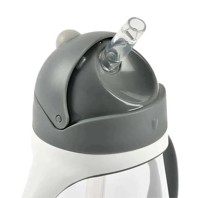 Beaba Straw Sippy Cup in charcoal, featuring a clear straw and ergonomic lid design for easy sipping.