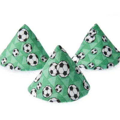 Five fabric pee-pee teepees with soccer ball designs, arranged in a triangular shape on a white background.