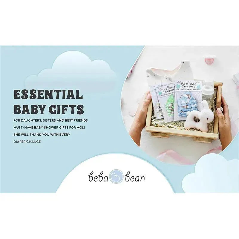 Beba Bean 5Pk Pee-Pee Teepee set in a wooden crate, surrounded by baby items, promoting essential baby gifts.