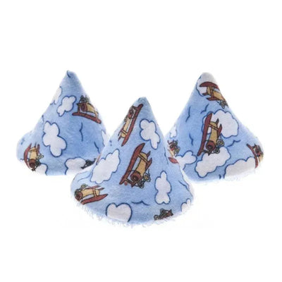 Pee-Pee Teepees in blue fabric with airplane and cloud patterns, designed to prevent baby boy mess during diaper changes.
