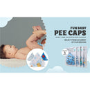 Beba Bean Pee-Pee Teepee in a green cellophane bag, featuring fun designs, showcased with a baby during diaper change.