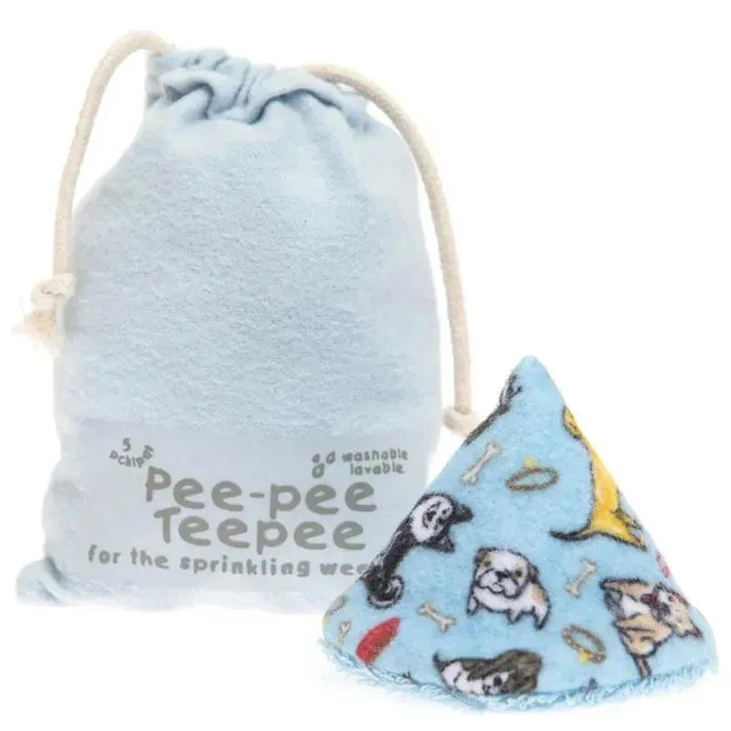 Reusable Pee-Pee Teepee for boys in blue fabric with dog prints, packaged in a matching drawstring bag.