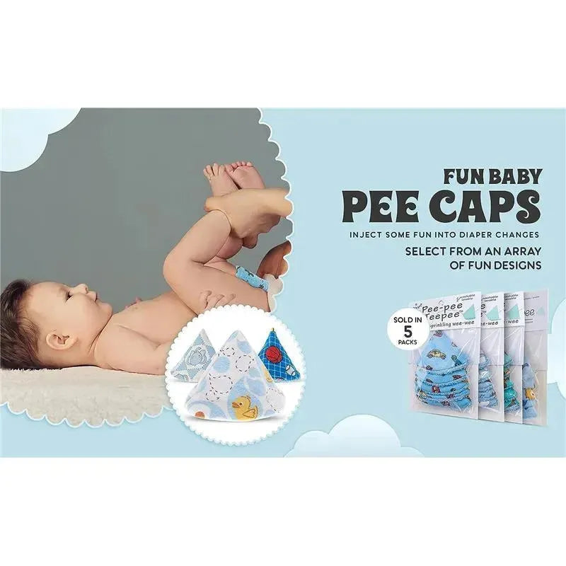 Blue Beba Bean Pee-Pee Teepee bag featuring fun designs for diaper changes, shown with a baby during a diaper change.