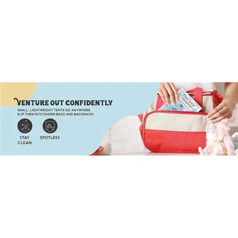 Blue bag with red accents and polka dots, showcasing a hand placing items inside and promoting cleanliness for outings.