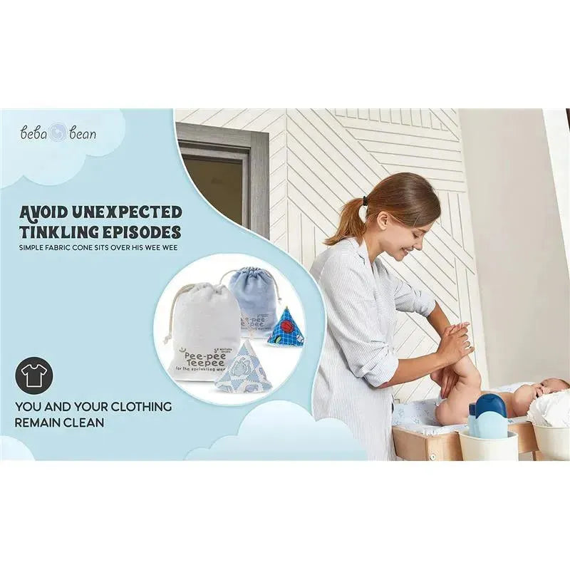 Beba Bean Pee-Pee Teepee Space Cello Bag in blue, featuring fabric cones to prevent unexpected tinkle episodes during diaper changes.