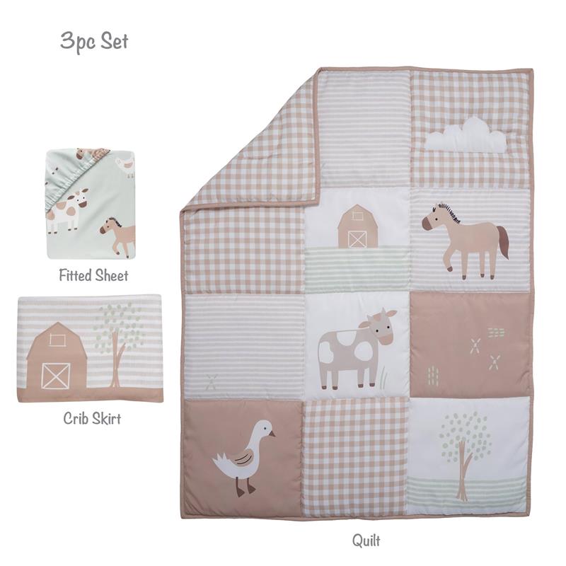 Three-piece nursery crib bedding set featuring a quilt with farm animal patterns, a fitted sheet, and a crib skirt.