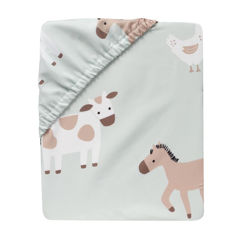 Bedding set featuring a light green design with playful animal illustrations, including cows, horses, and a chicken.