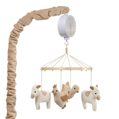 Musical baby crib mobile featuring plush farm animals, including a cow, chicken, and bird, suspended from a circular frame.