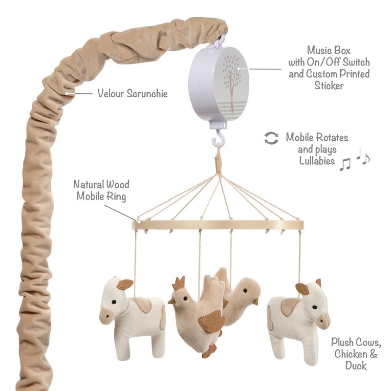 Plush farm animals including cows, a chicken, and a duck hang from a natural wood mobile that plays lullabies.
