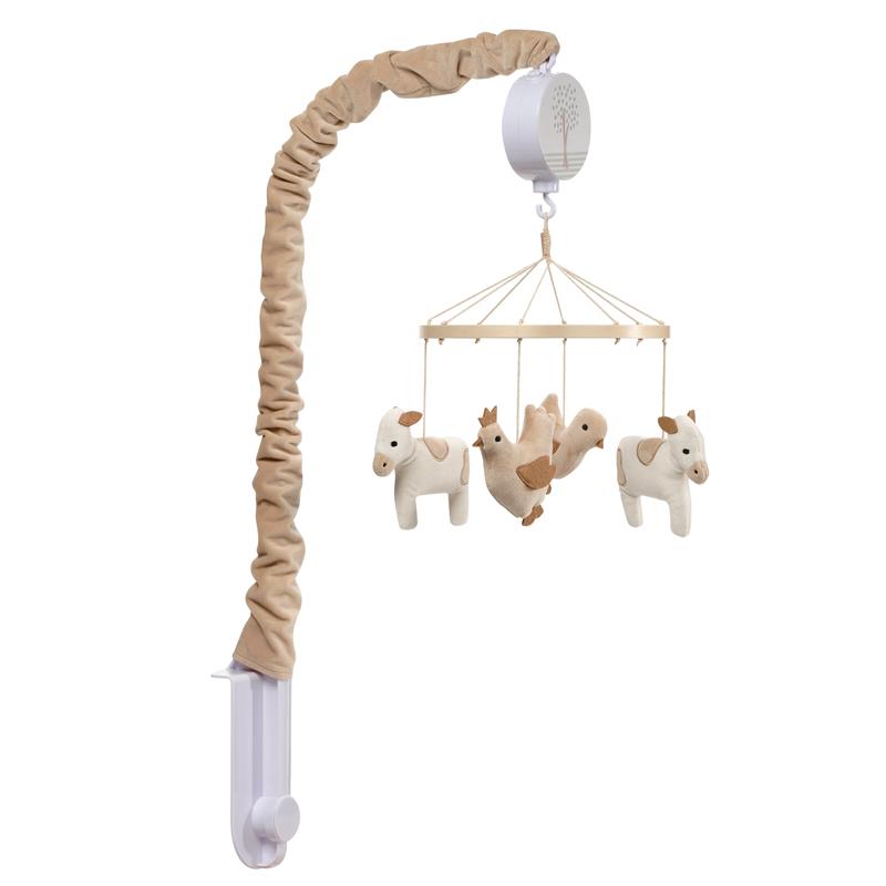 Musical baby crib mobile with plush farm animals, including horses and a bird, designed to soothe infants.