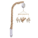 Musical baby crib mobile with plush farm animals, including horses and a bird, designed to soothe infants.