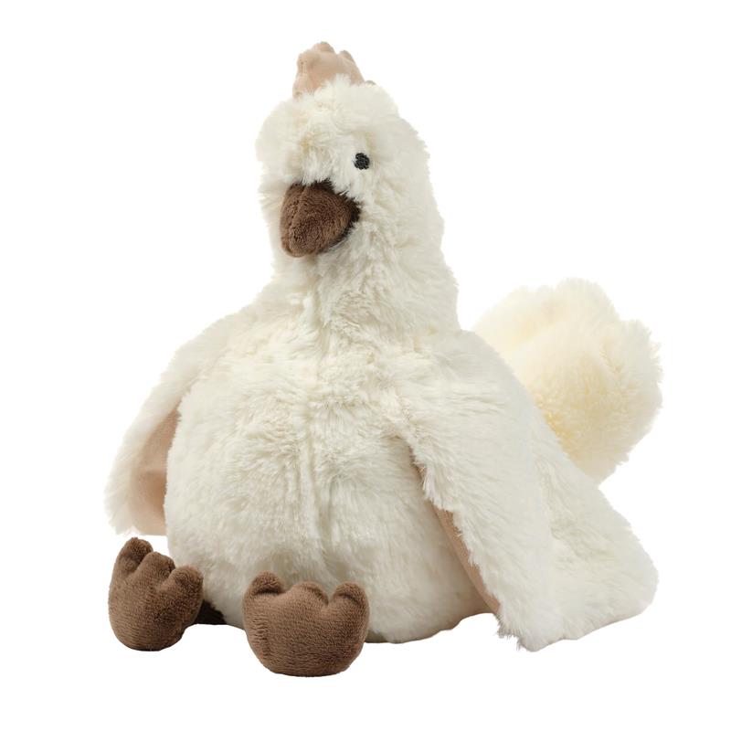 Plush chicken stuffed animal toy with a soft white body, brown beak, and detailed feet, ideal for children.