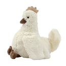 Plush white chicken stuffed animal toy with a brown beak and feet, featuring a tan crown on its head.