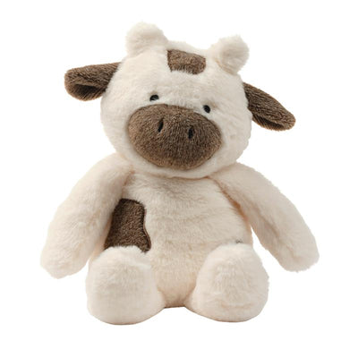 Plush cow stuffed animal toy with a creamy white body and brown patches, perfect for bedtime cuddles.