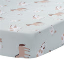 Sage green fitted crib sheet featuring playful farm animals like horses, cows, and chickens, suitable for a baby nursery.