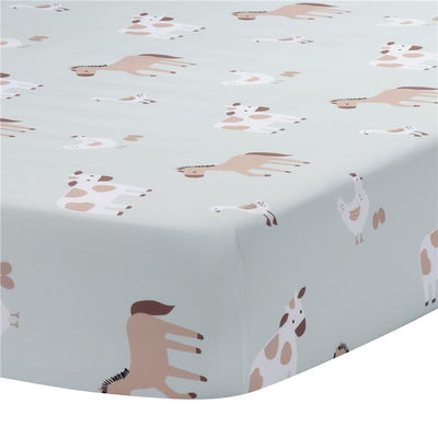 Sage green fitted crib sheet featuring playful farm animals like horses, cows, and chickens, suitable for a baby nursery.