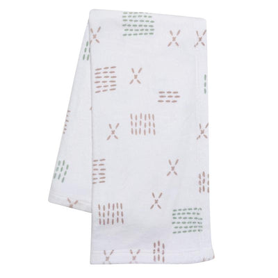 Soft white fleece baby blanket featuring playful patterns in pastel colors, ideal for keeping infants warm and cozy.