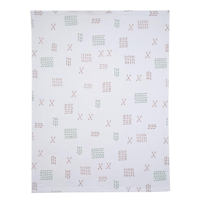 Soft white fleece baby blanket with colorful patterns of squares and stitches, ideal for comforting infants.
